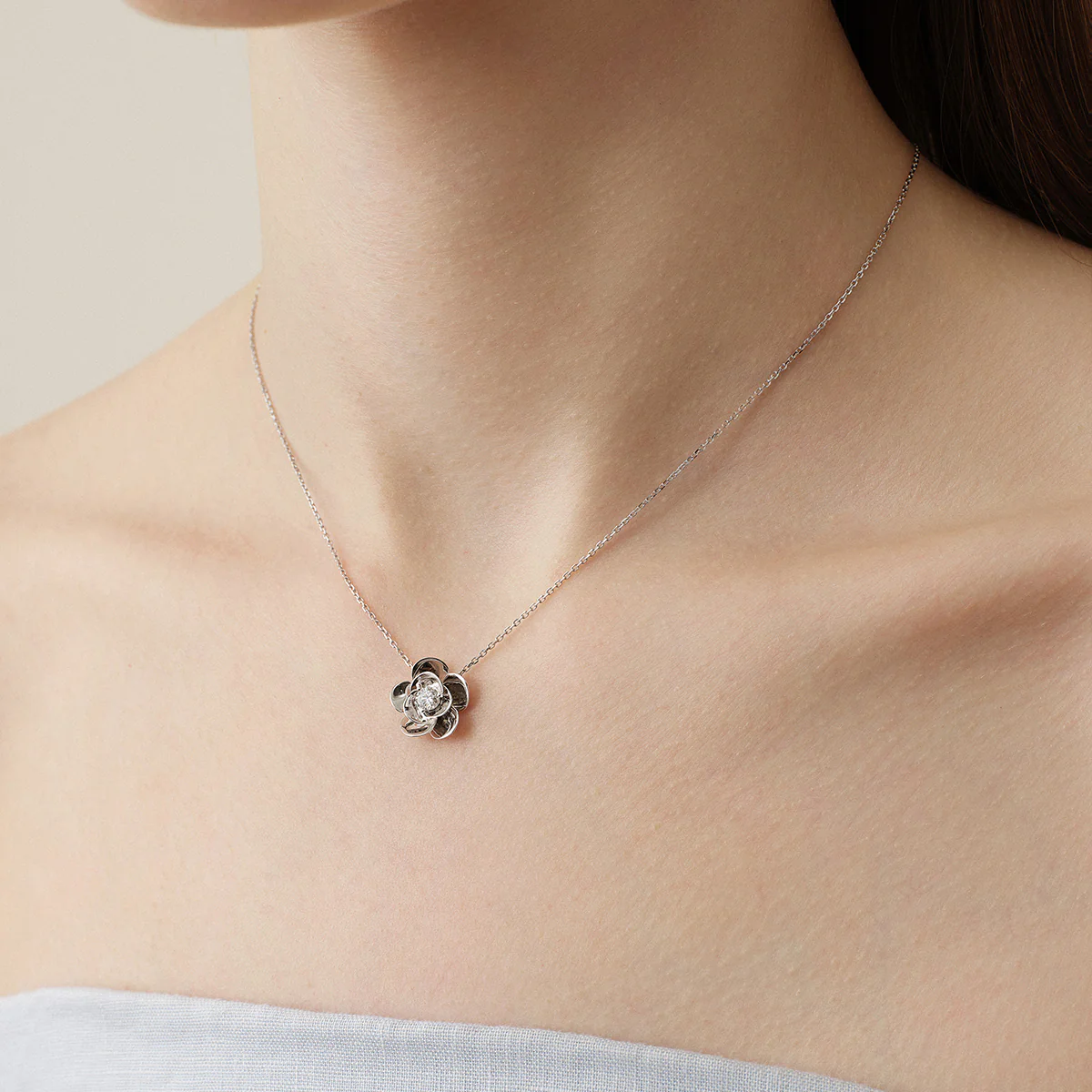 10K White Gold Lab-Grown Diamond Jasmine Pendant Necklace - Image 6