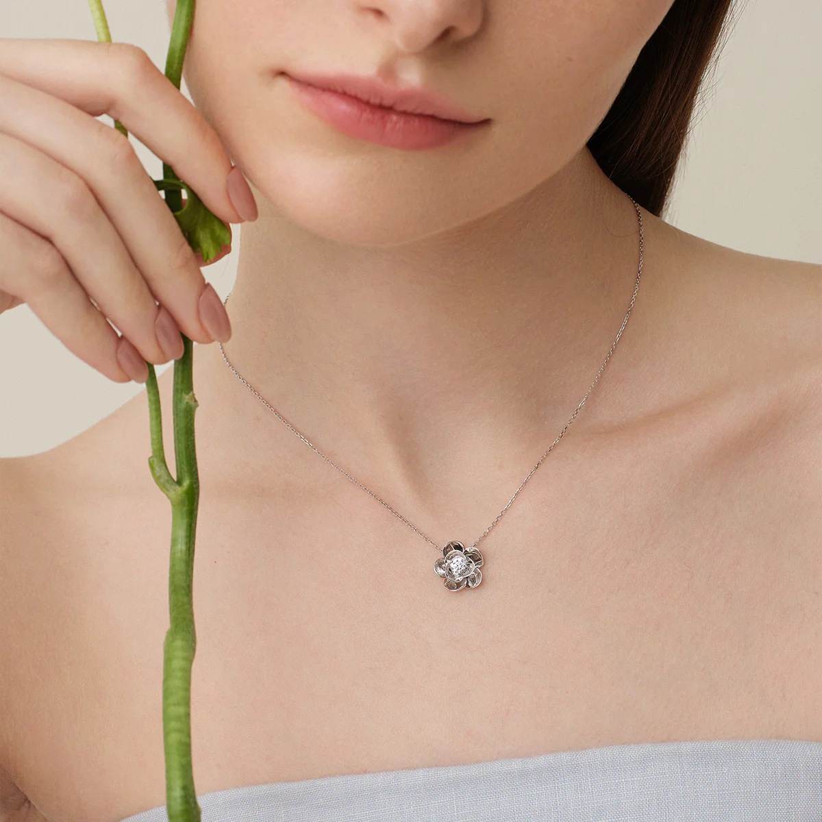 10K White Gold Lab-Grown Diamond Jasmine Pendant Necklace - Image 8