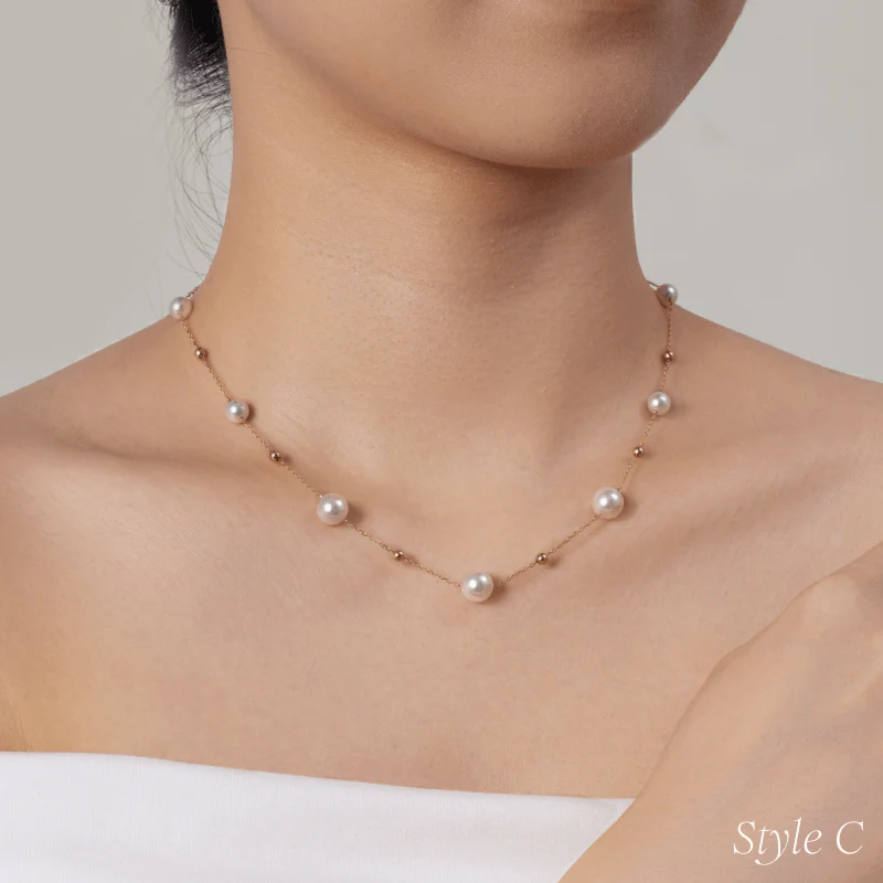 18K Gold Akoya Pearl Station Necklace - Image 8