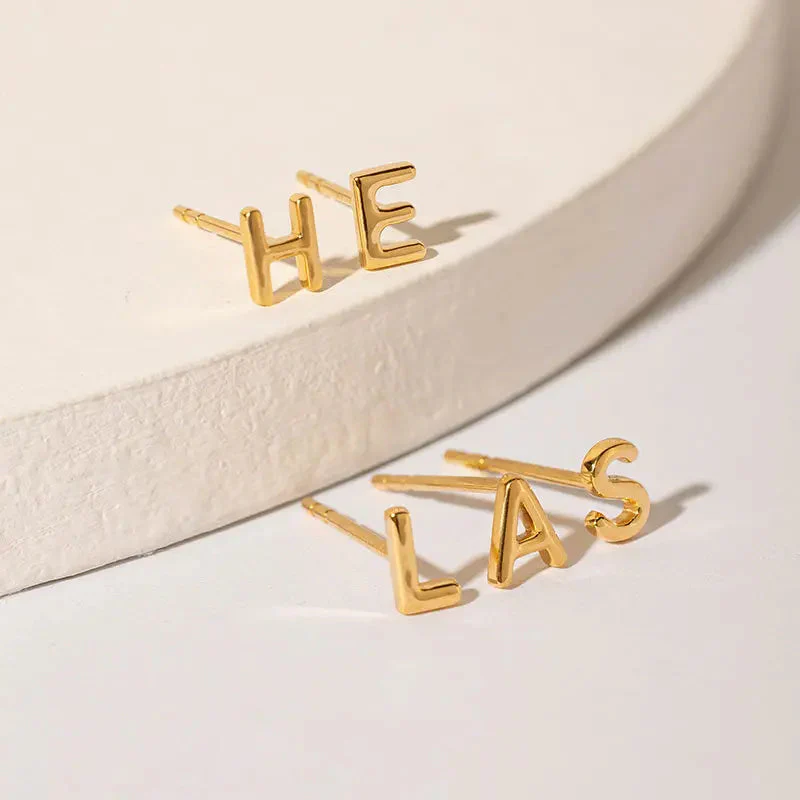 18K Gold Custom Letter Initial Stud Earrings - Image 3