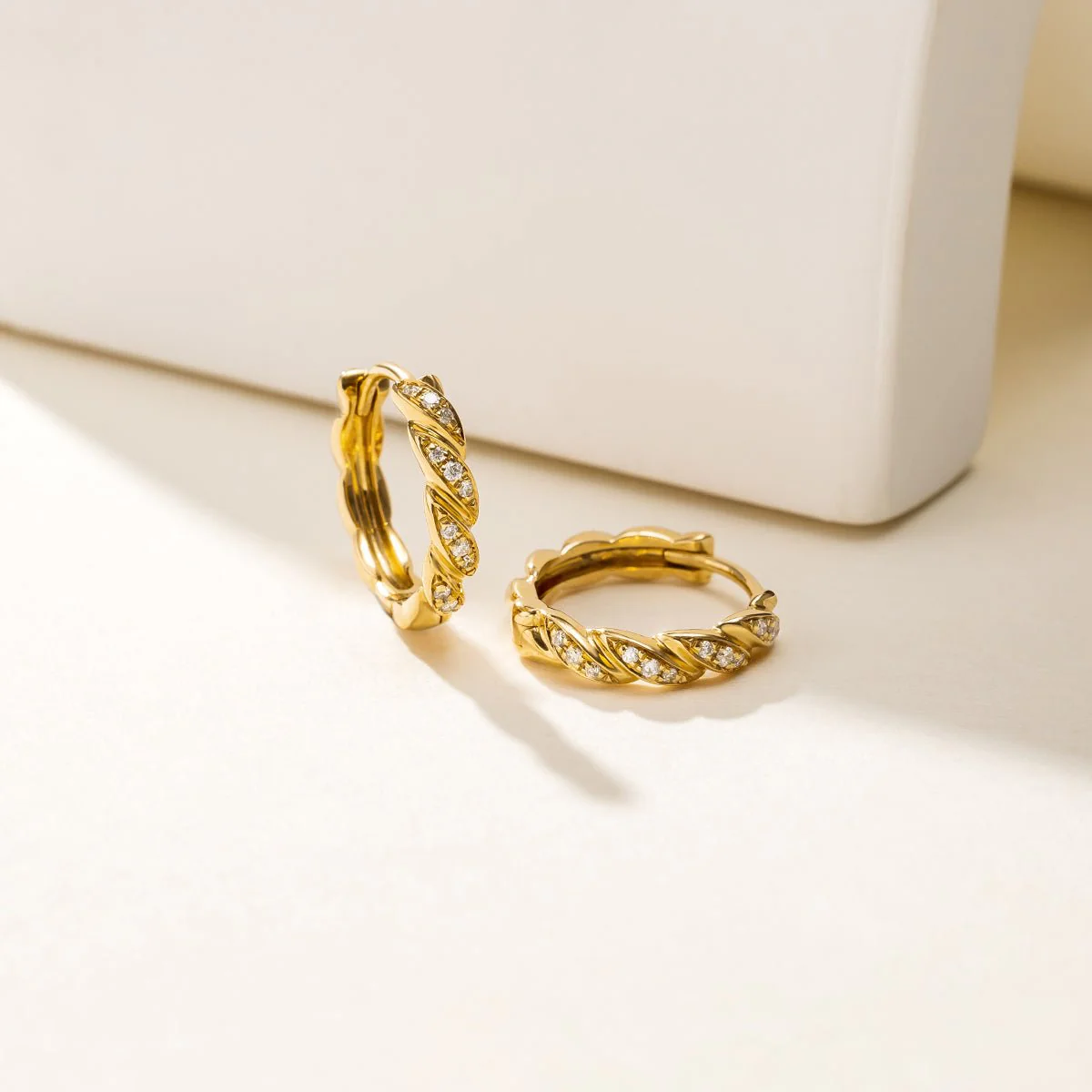 18K Gold Diamond Twist Huggie Hoop Earrings - Image 10