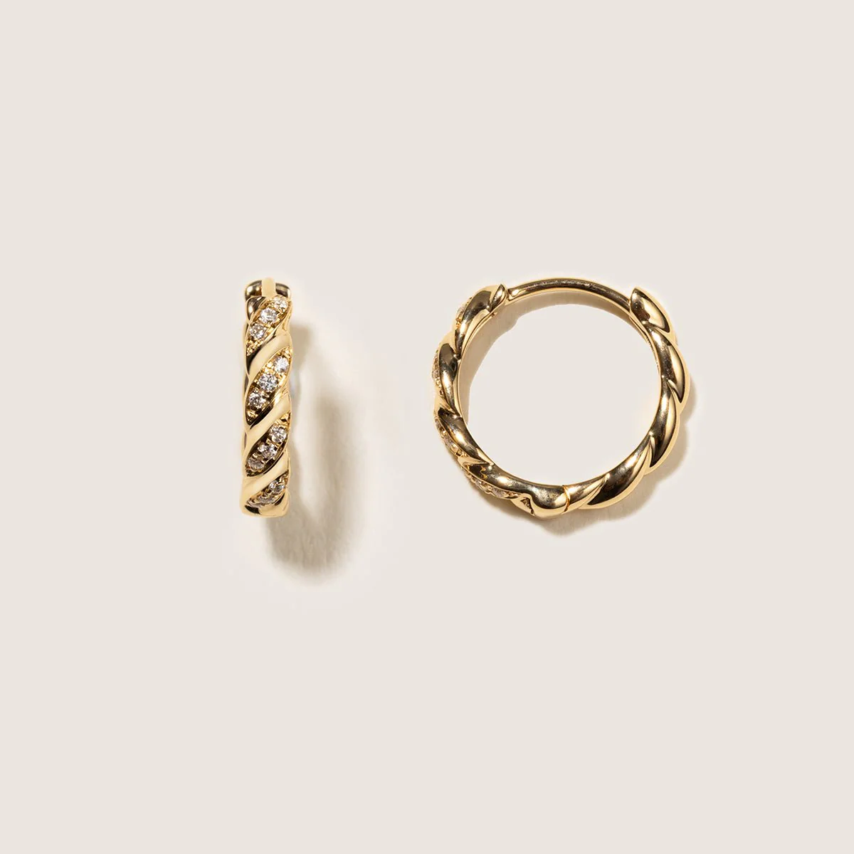 18K Gold Diamond Twist Huggie Hoop Earrings - Image 3