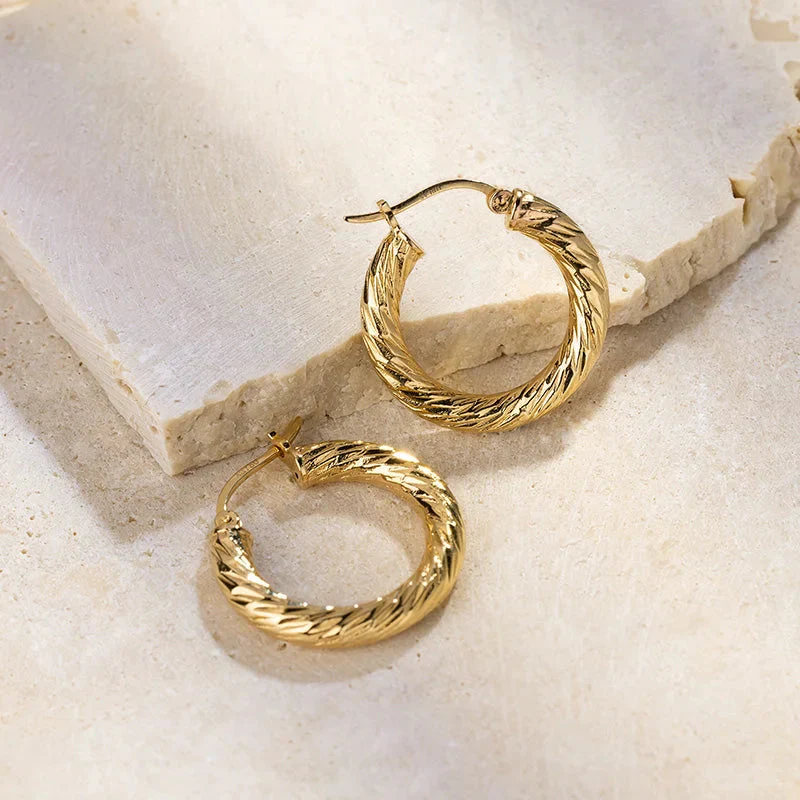18K Solid Gold Knot Textured Hoop Earrings - Image 3