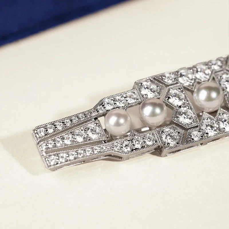 Akoya Pearl Brooch 18K White Gold Diamond Chrysler Pin - Image 4
