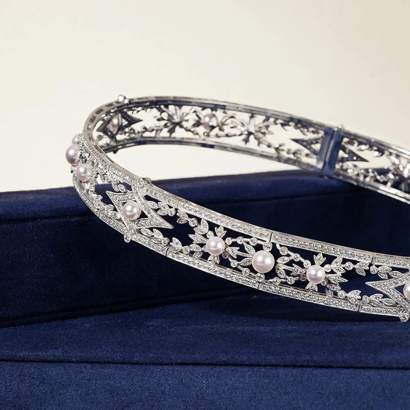 Akoya Pearl Necklace 18K White Gold Diamond Lavender Collar - Image 3