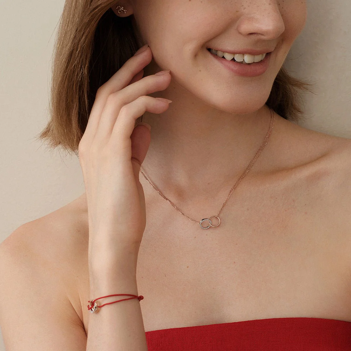 9K Rose Gold Lab-Grown Diamond Dual Loop 3-in-1 Red String Bracelet Necklace - Image 4