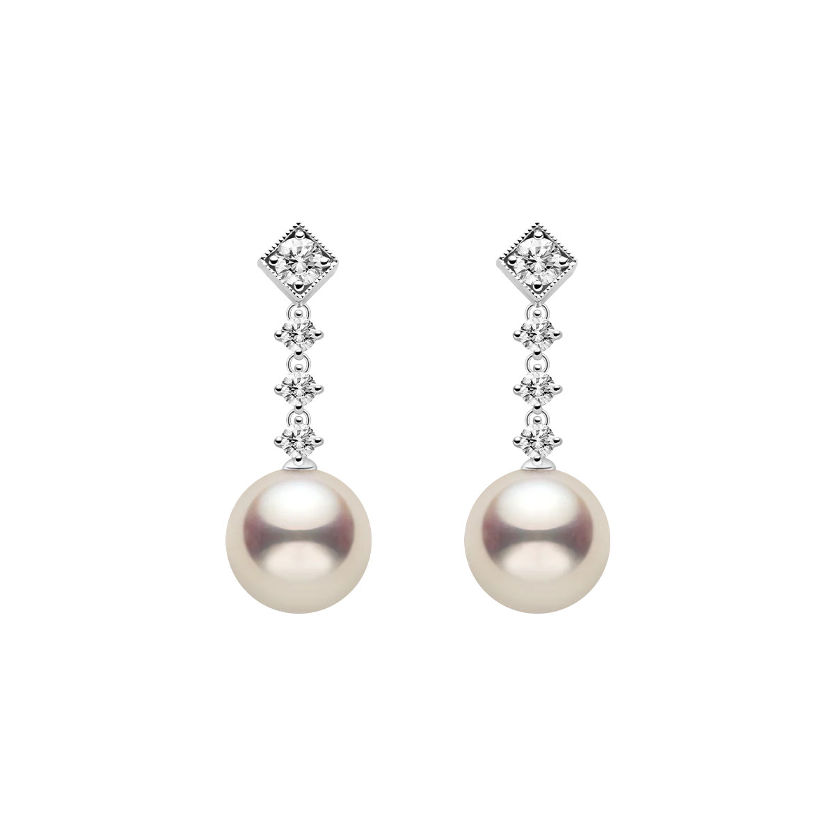 Akoya Pearl 10K White Gold Diamond Kite Shaped Stud Earrings