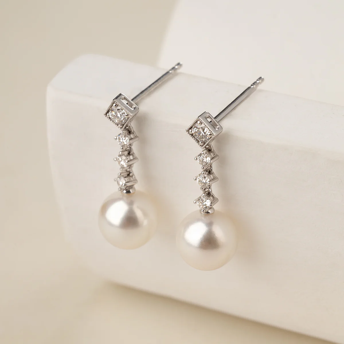 Akoya Pearl 10K White Gold Diamond Kite Shaped Stud Earrings - Image 2