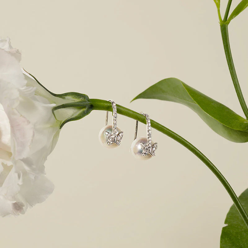 Akoya Pearl 18K Gold Diamond Butterfly Diamond ear Hooks Earrings - Image 3