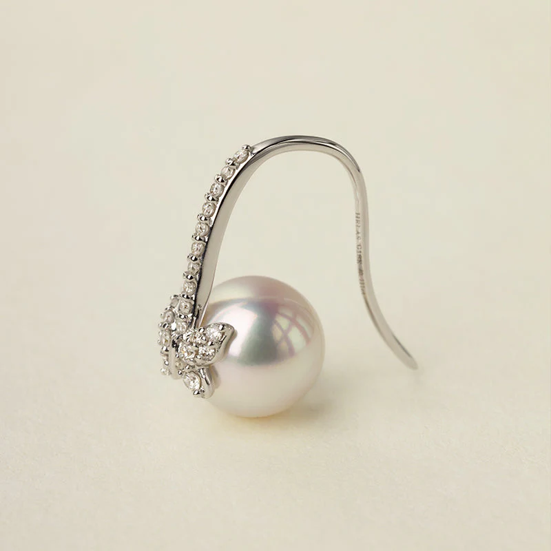 Akoya Pearl 18K Gold Diamond Butterfly Diamond ear Hooks Earrings - Image 5