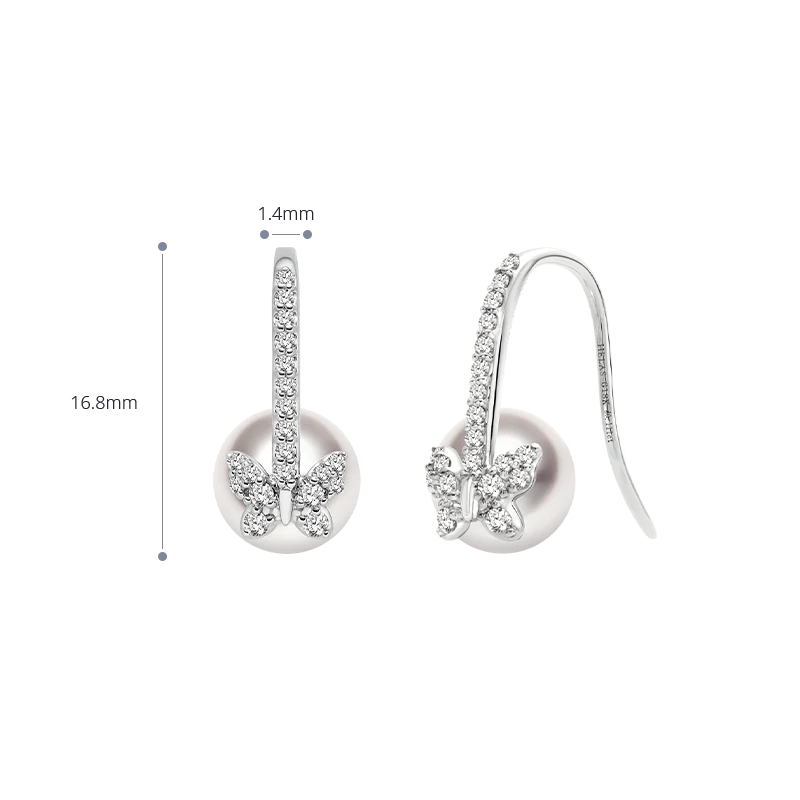 Akoya Pearl 18K Gold Diamond Butterfly Diamond ear Hooks Earrings - Image 7