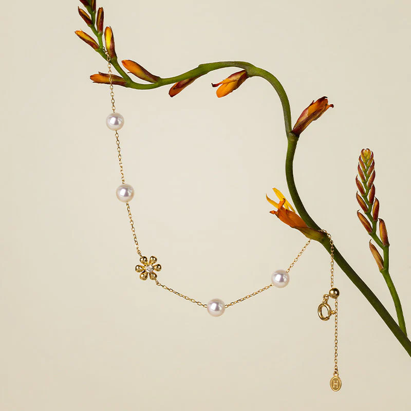 Akoya Pearl 18K Gold Diamond Flower Core Dainty Bracelet - Image 3