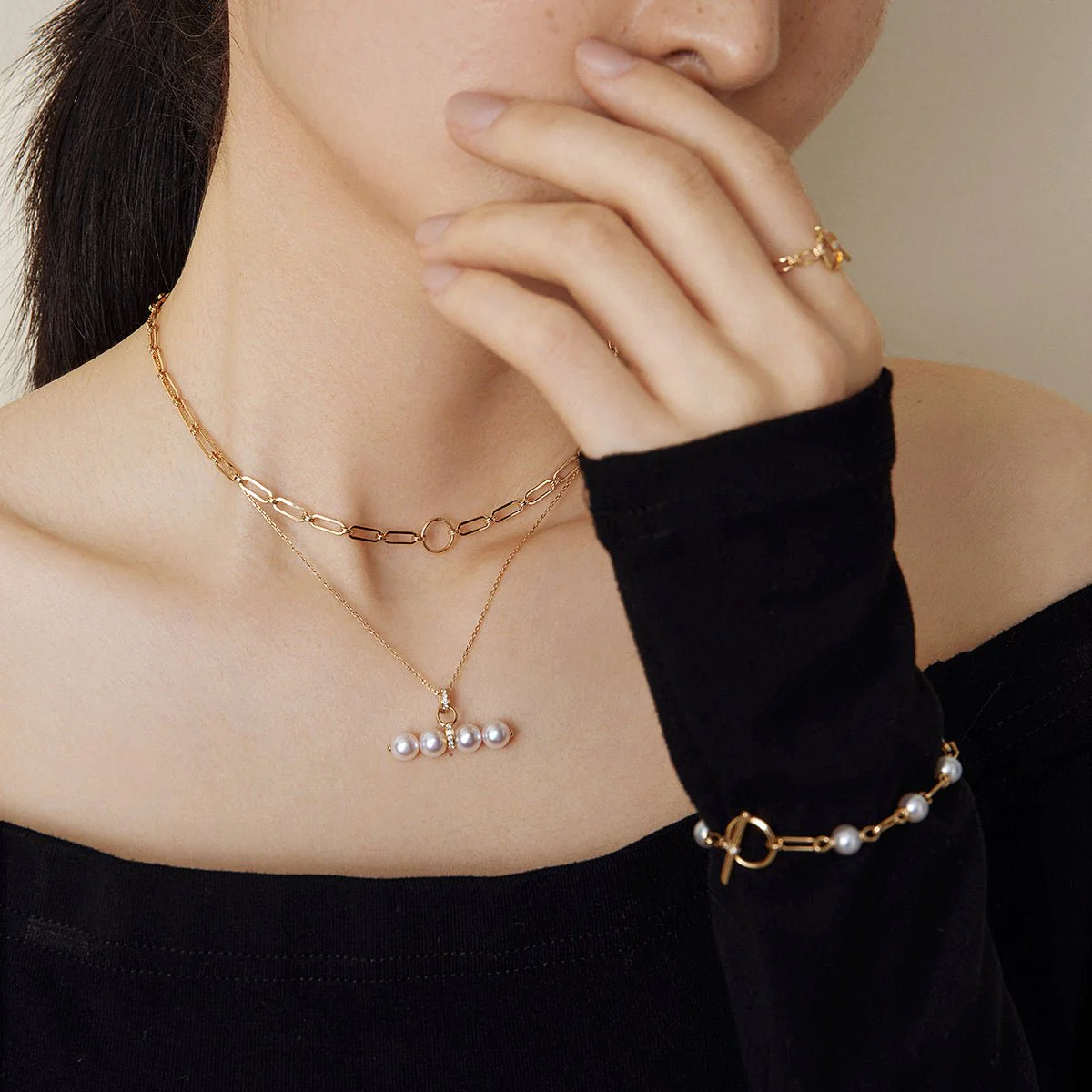 Akoya Pearl 18K Gold Diamond Lever Pendant Interlock Necklace - Image 10