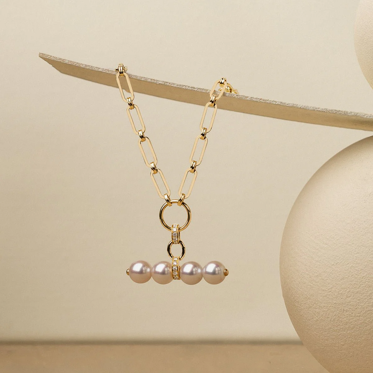 Akoya Pearl 18K Gold Diamond Lever Pendant Interlock Necklace - Image 7
