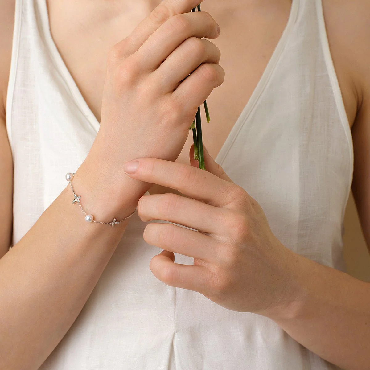 Akoya Pearl 18K Gold Diamond Petite Butterfly Wrap Bracelet - Image 3