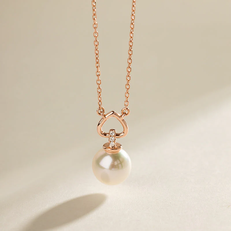 Akoya Pearl 18K Gold Diamond Red Heart Pendant Necklace - Image 3