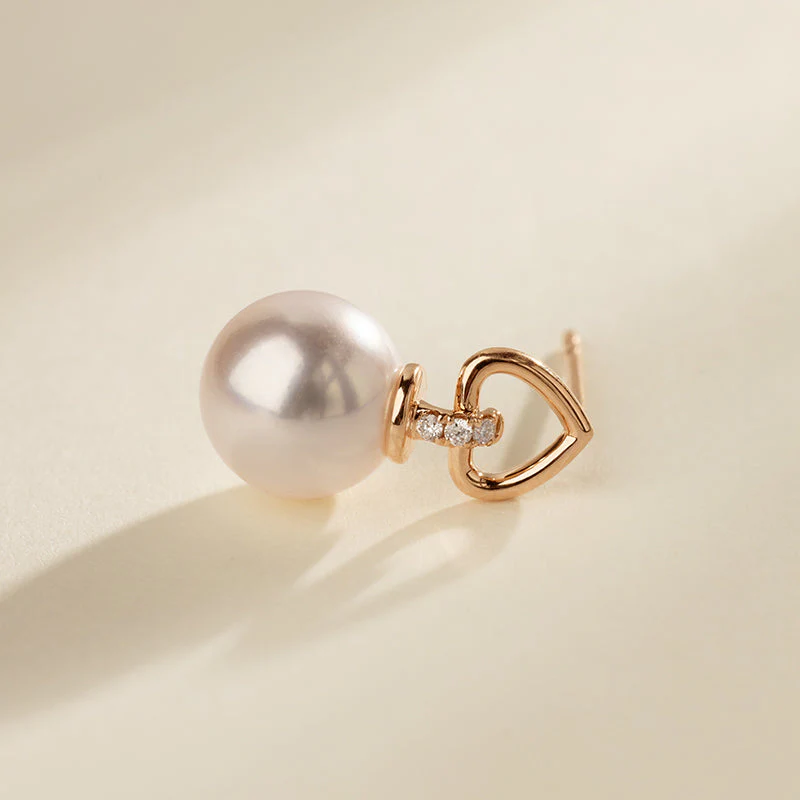 Akoya Pearl 18K Gold Diamond Red Heart Studs Earrings - Image 4