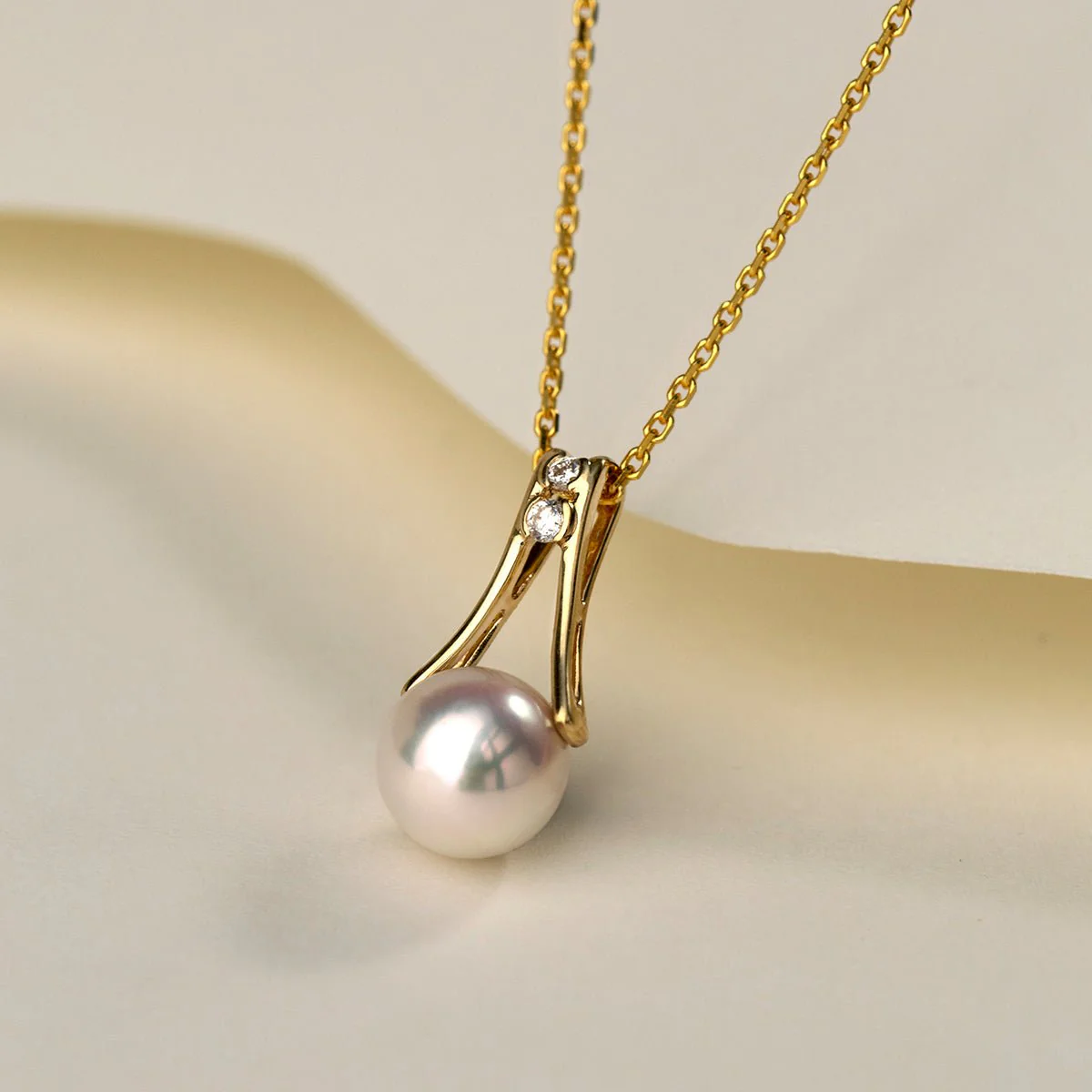 Akoya Pearl 18K Gold Diamonds Pull Tab Pendant Necklace - Image 2