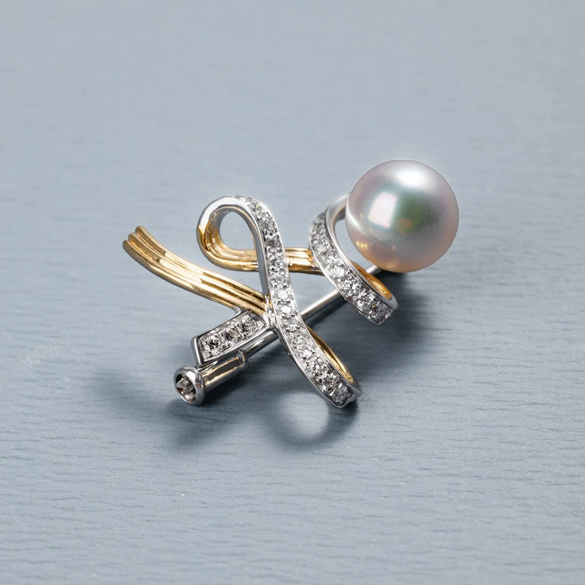 Akoya Pearl 18K Gold Diamonds Two-tone Ribbon Wish Tree Brooch - Image 5