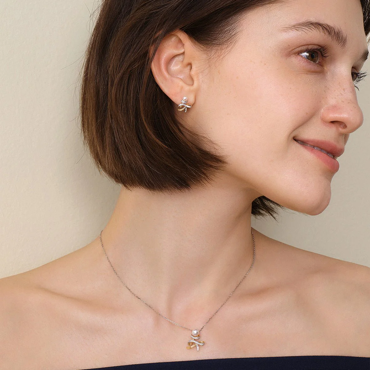 Akoya Pearl 18K Gold Diamonds Two-tone Ribbon Wish Tree Earrings - Image 8