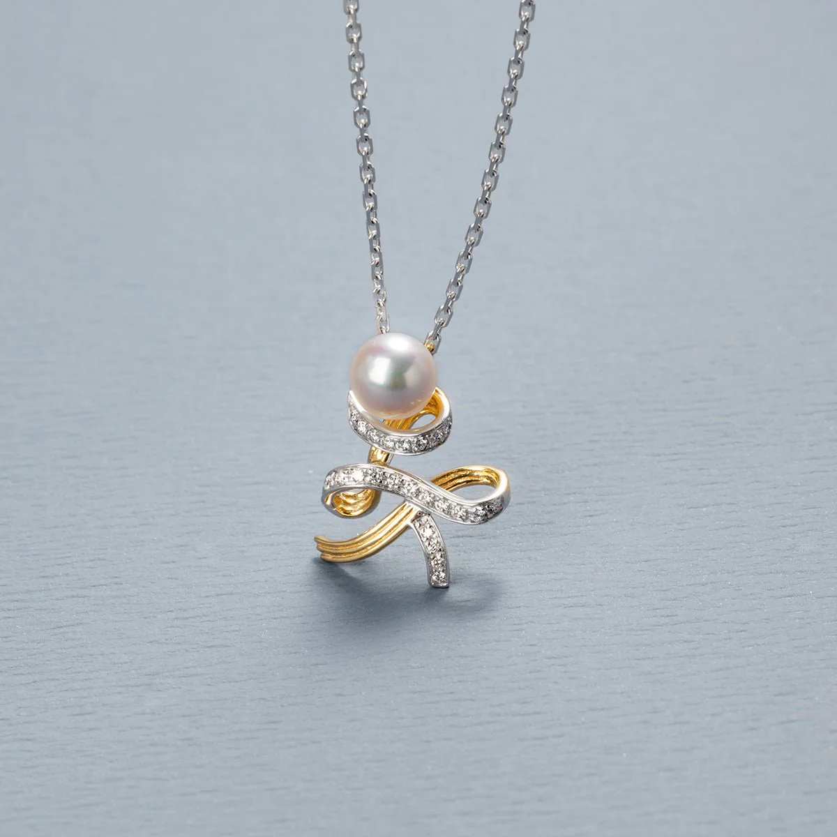 Akoya Pearl 18K Gold Diamonds Two-tone Ribbon Wish Tree Necklace - Image 3