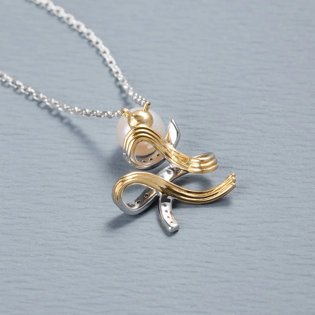 Akoya Pearl 18K Gold Diamonds Two-tone Ribbon Wish Tree Necklace - Image 7