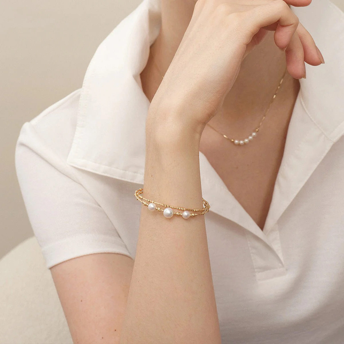 Akoya Pearl 18K Gold Double-Layer Stretch Bracelet - Image 13