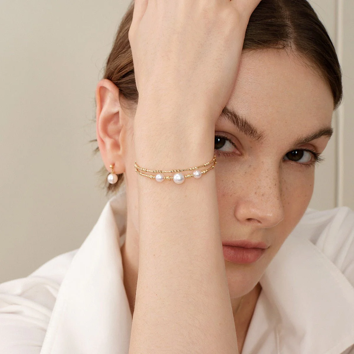 Akoya Pearl 18K Gold Double-Layer Stretch Bracelet - Image 3