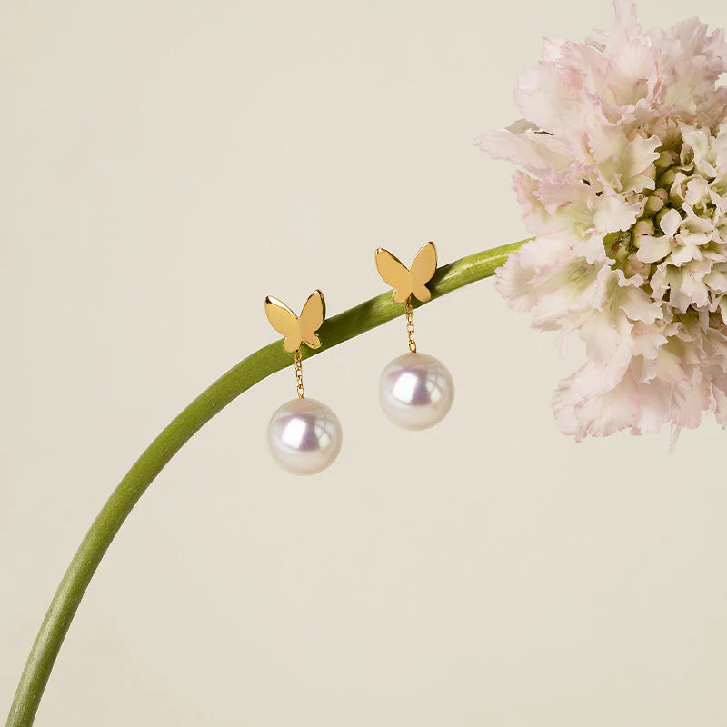 Akoya Pearl 18K Gold Ear Stud Ear Thread Drop Earring Chains - Image 3