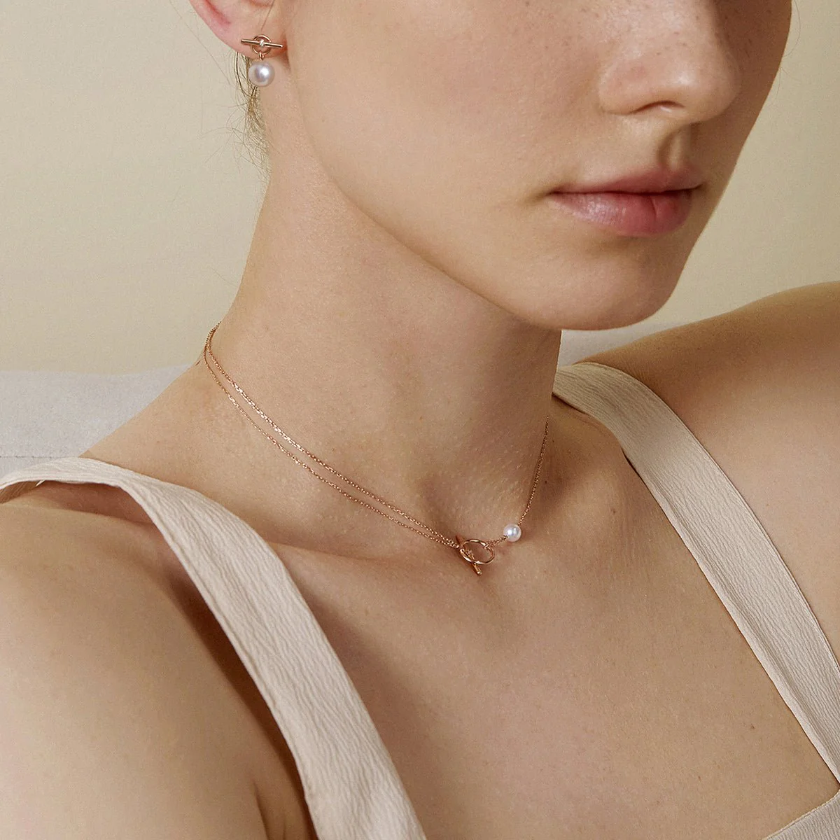 Akoya Pearl 18K Rose Gold Diamond Link Poise Clasp Necklace - Image 4