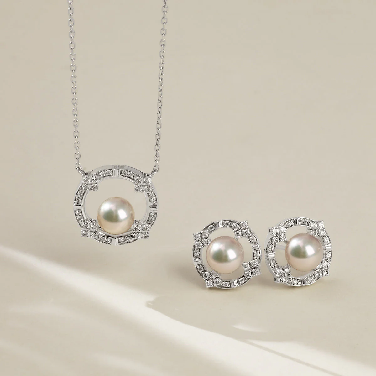 Akoya Pearl 18K White Gold Diamond Arched Design Earrings - Image 3