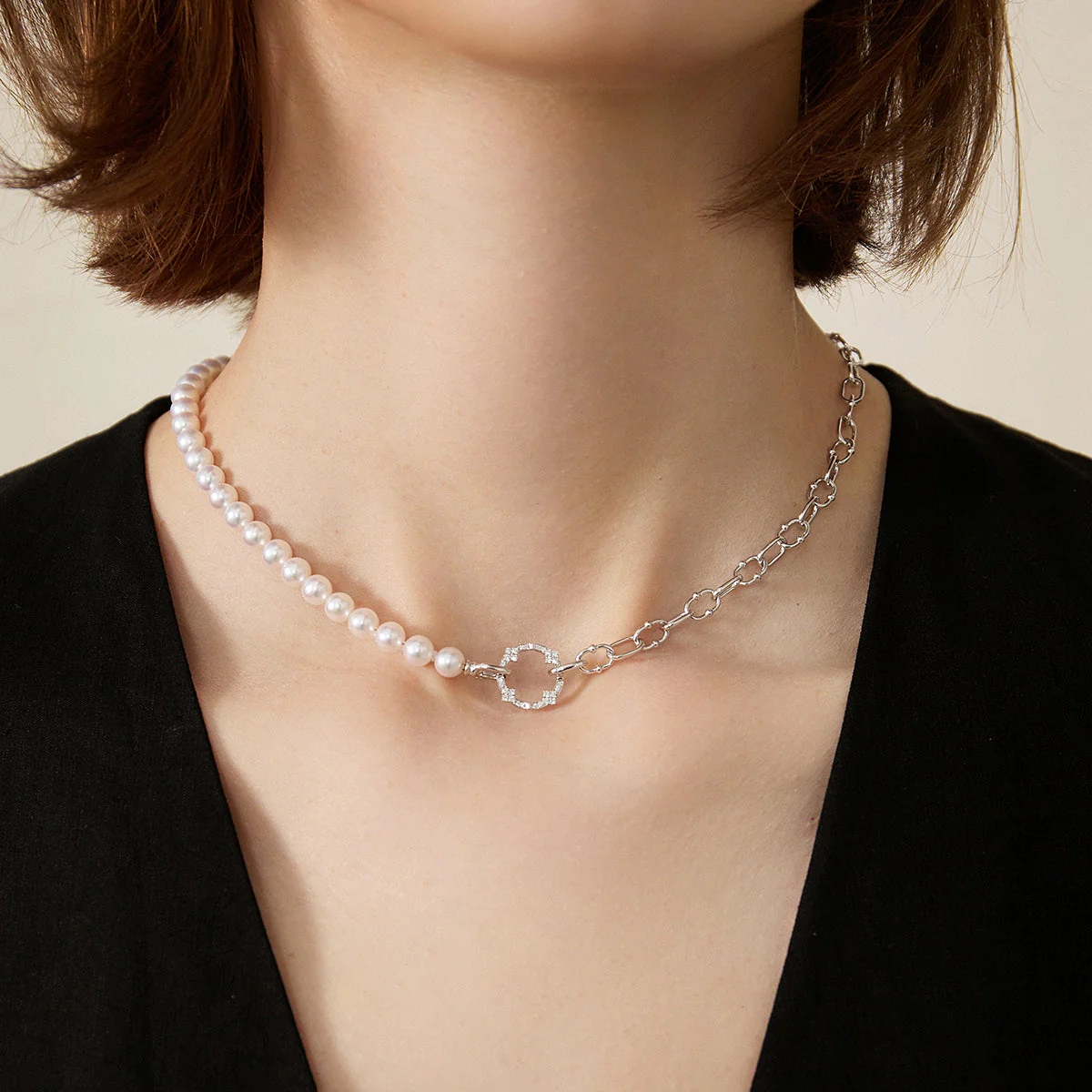 Akoya Pearl Strand 18K Gold Diamond Half Chain Half Pearl Necklace - Image 2