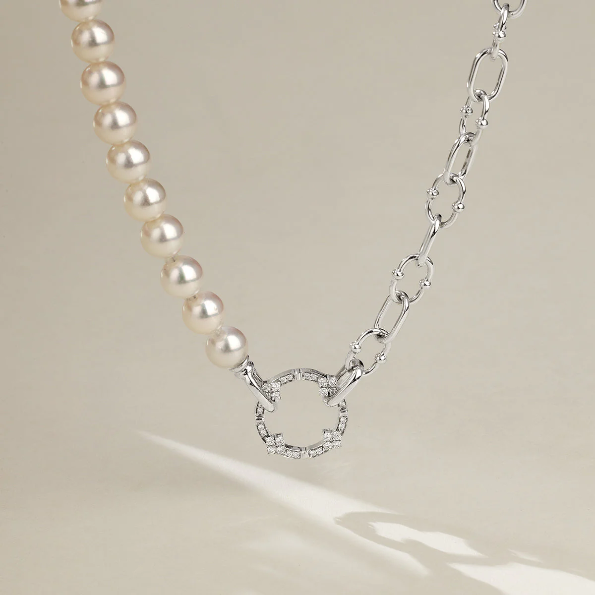 Akoya Pearl Strand 18K Gold Diamond Half Chain Half Pearl Necklace - Image 3