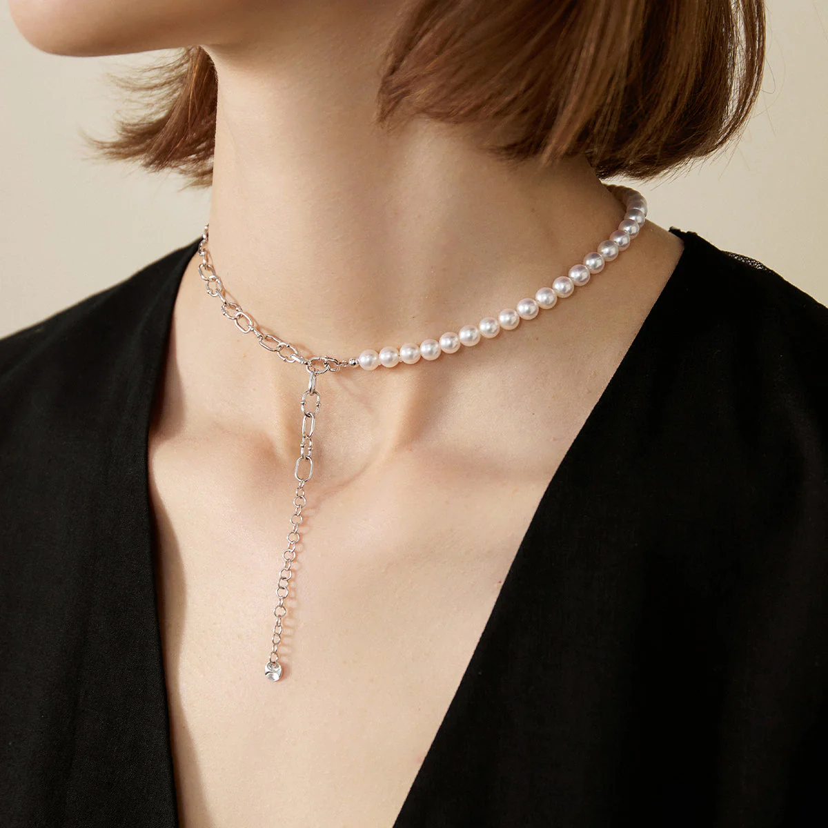 Akoya Pearl Strand 18K Gold Diamond Half Chain Half Pearl Necklace - Image 4