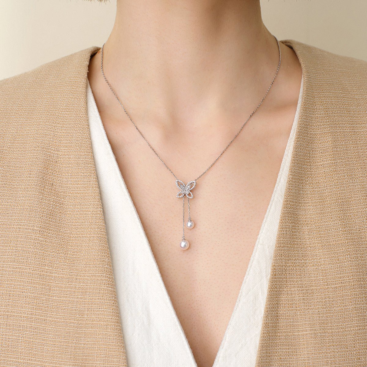 Akoya Pearls 18K Gold Diamond Butterfly Sliding Necklace - Image 5