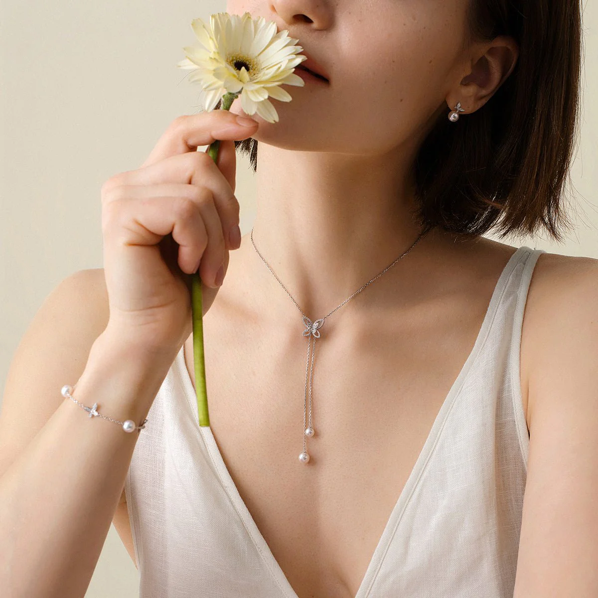 Akoya Pearls 18K Gold Diamond Butterfly Sliding Necklace - Image 6