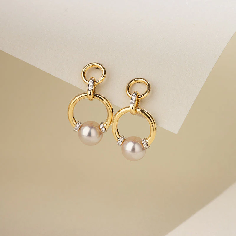 Akoya Saltwater Pearl 18K Gold Diamond Knot Round Hoop Earrings - Image 3