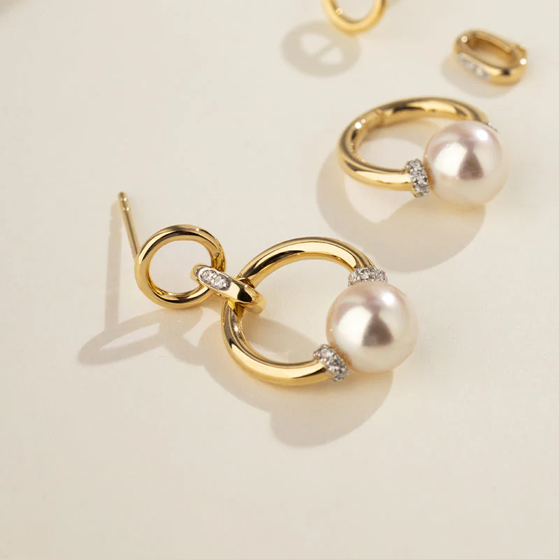 Akoya Saltwater Pearl 18K Gold Diamond Knot Round Hoop Earrings - Image 5