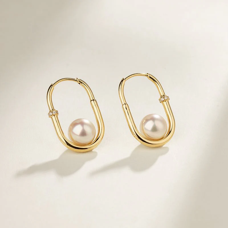 Akoya Saltwater Pearl 18K Gold Diamond U-shaped Hoop Earrings - Image 5