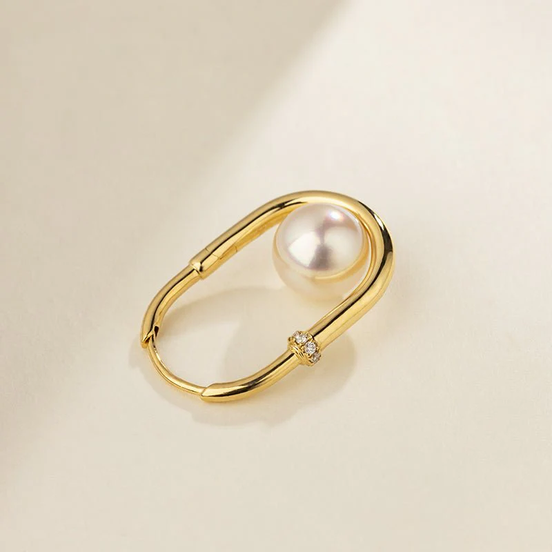 Akoya Saltwater Pearl 18K Gold Diamond U-shaped Hoop Earrings - Image 8