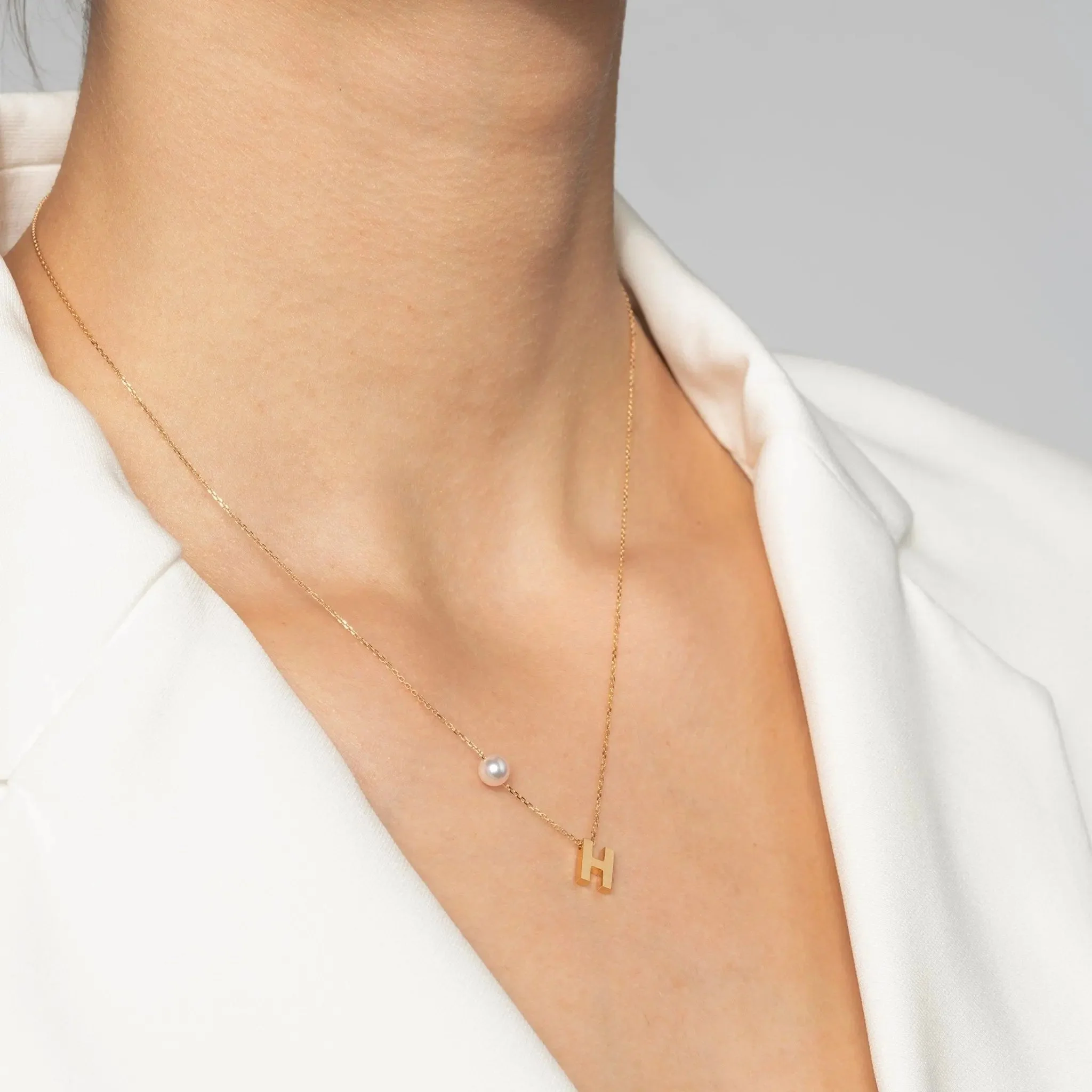Akoya Saltwater Pearl 18K Gold Hanging Custom Initials Necklace - Image 3