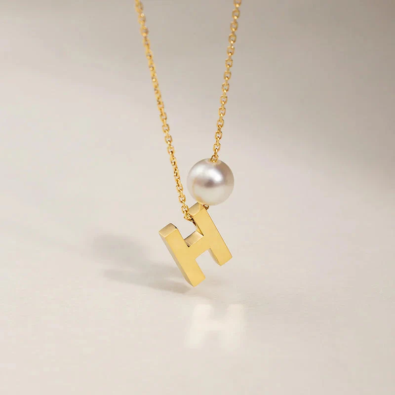 Akoya Saltwater Pearl 18K Gold Hanging Custom Initials Necklace - Image 4