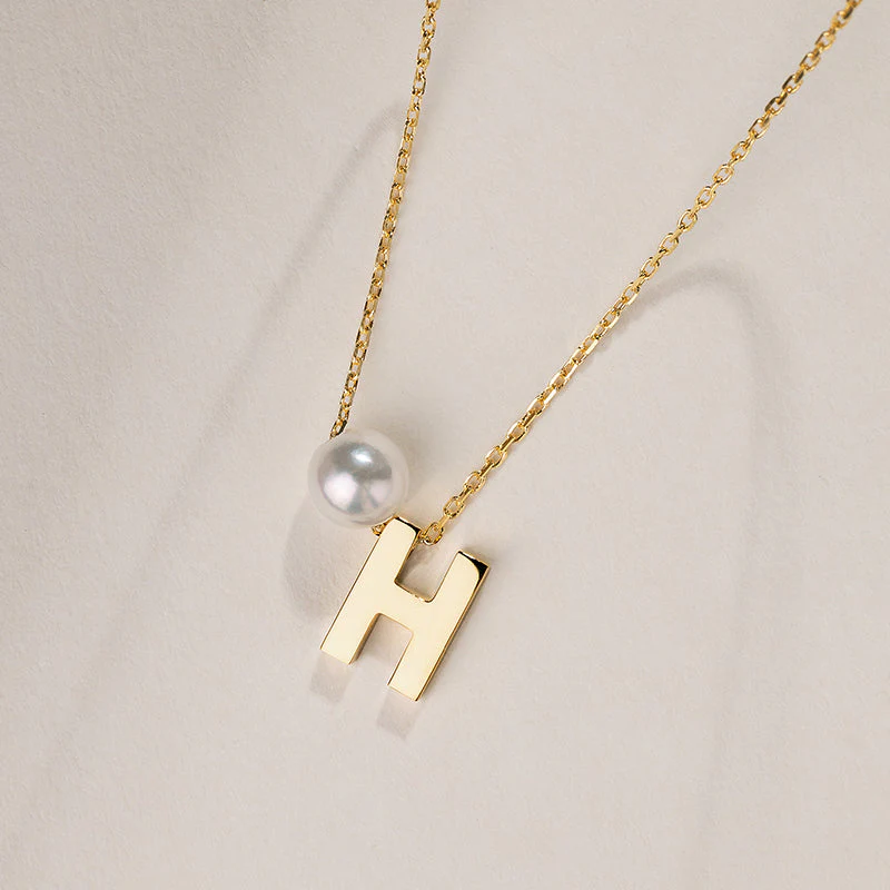 Akoya Saltwater Pearl 18K Gold Hanging Custom Initials Necklace - Image 5