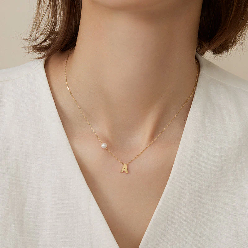 Akoya Saltwater Pearl 18K Gold Hanging Custom Initials Necklace - Image 6