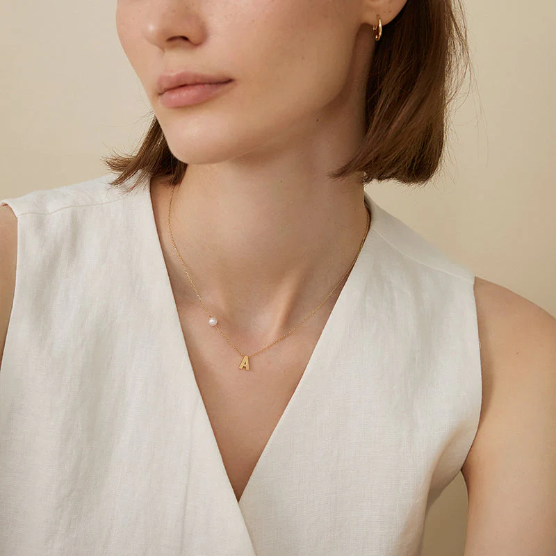 Akoya Saltwater Pearl 18K Gold Hanging Custom Initials Necklace - Image 8