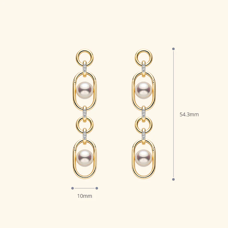 Akoya Saltwater Pearl 18K Gold Hoop Chain Adjustable Interlocking Earrings - Image 18