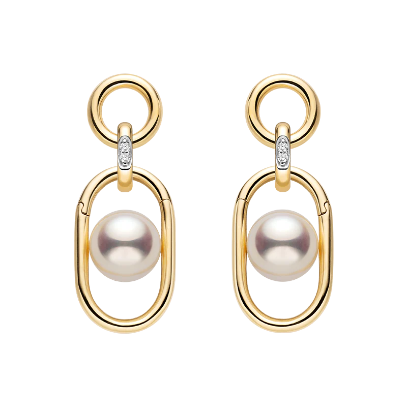 Akoya Saltwater Pearl 18K Gold Hoop Chain Adjustable Interlocking Earrings - Image 3