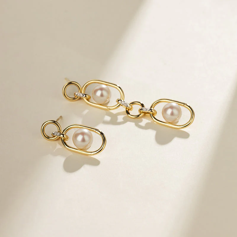 Akoya Saltwater Pearl 18K Gold Hoop Chain Adjustable Interlocking Earrings - Image 6