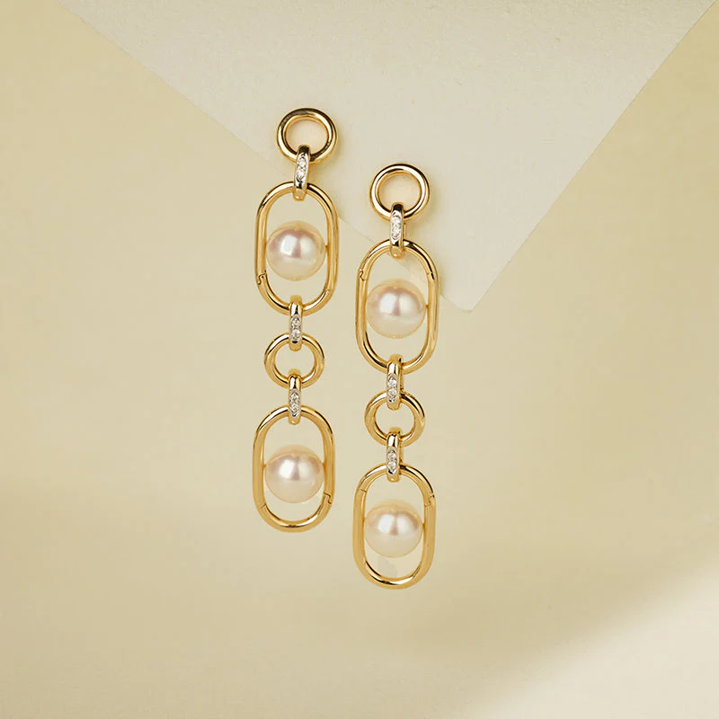Akoya Saltwater Pearl 18K Gold Hoop Chain Adjustable Interlocking Earrings - Image 9