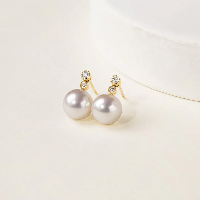 Akoya Pearl 18K Gold Double Diamond Elegant Earrings - Image 3
